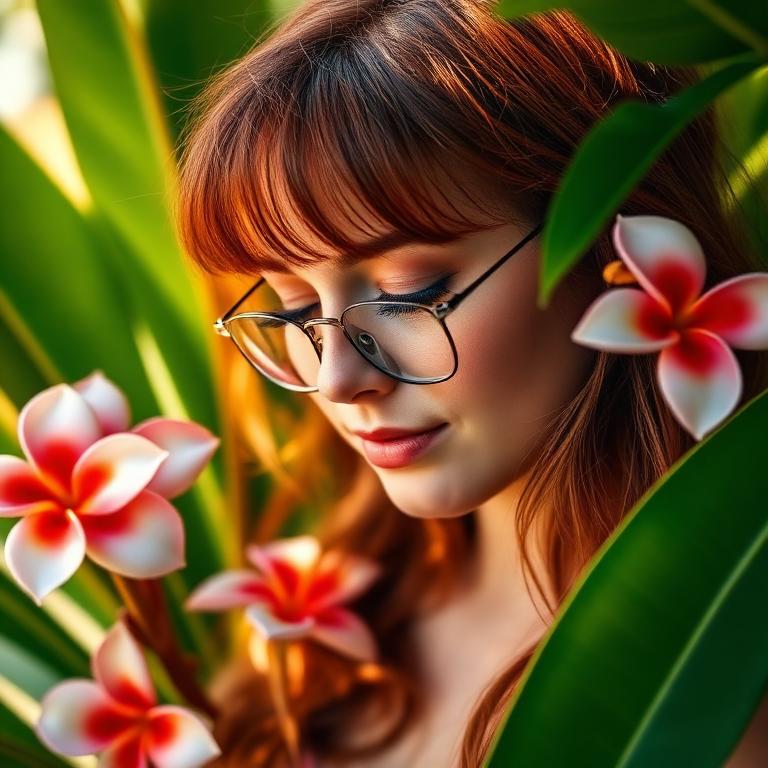 Frau mit GRAFIX Titanbrille zwischen Plumeria-Blüten